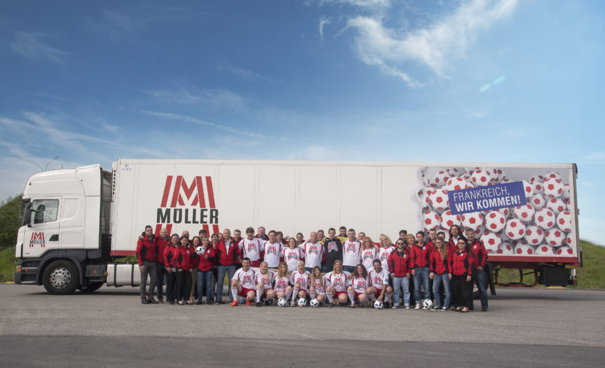 Six trailer trucks of Müller Transporte in “European Football Championship” design